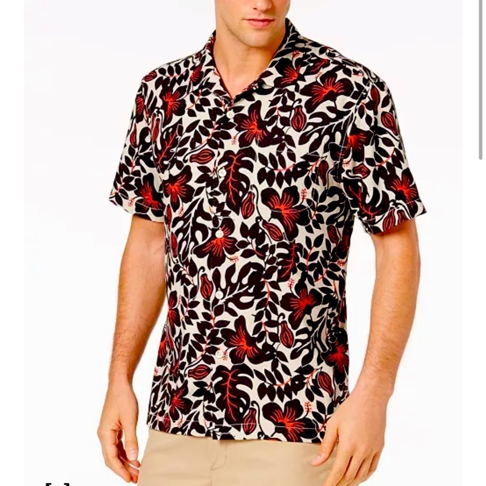 Tommy Bahama Floral Silk Blend Short Sleeve Collared Shirt Large Black Red Cream